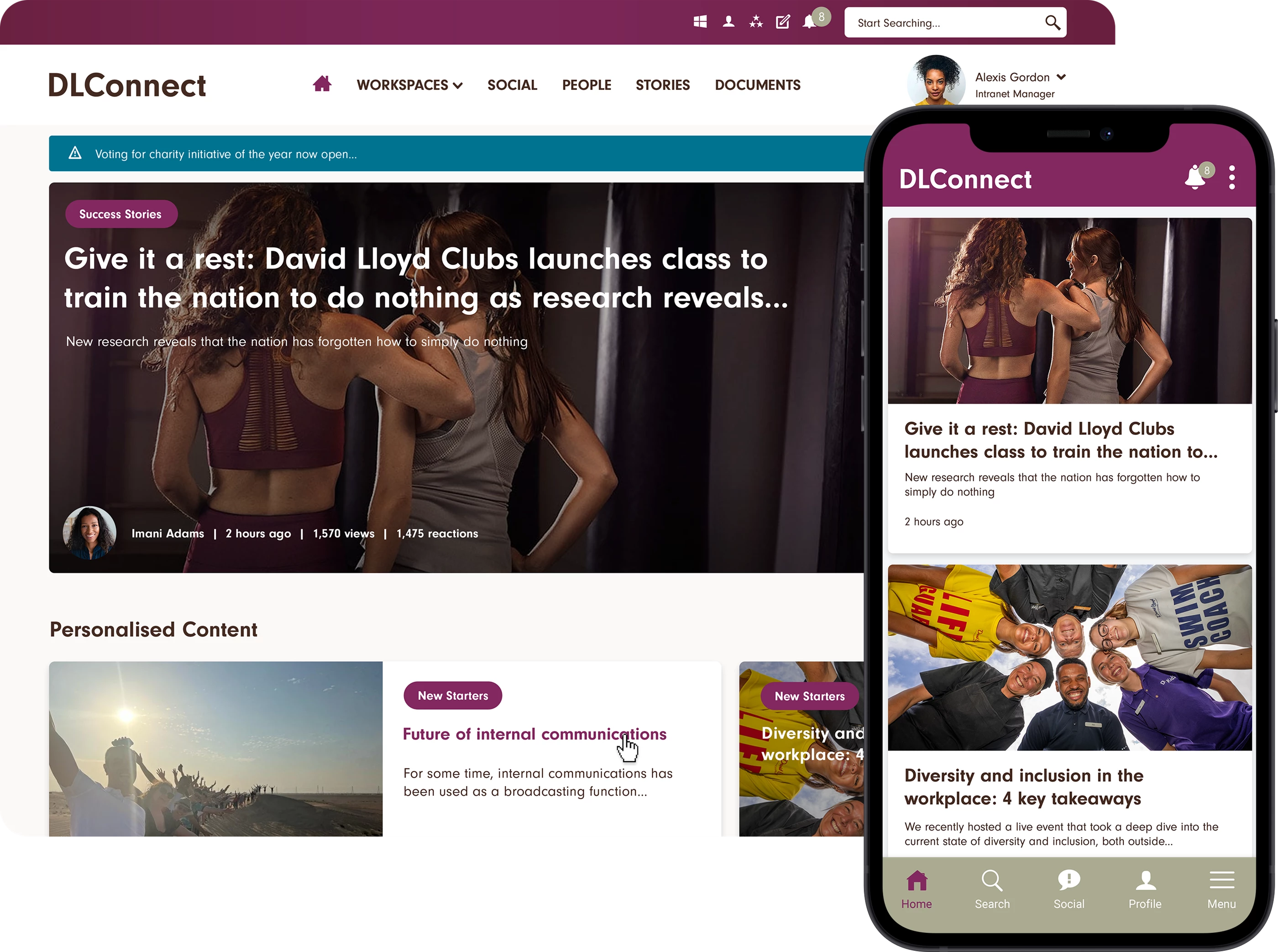 David Lloyd Leisure Group Unily intranet on desktop and mobile